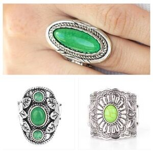 Silver and green stone boho 3 ring bundle